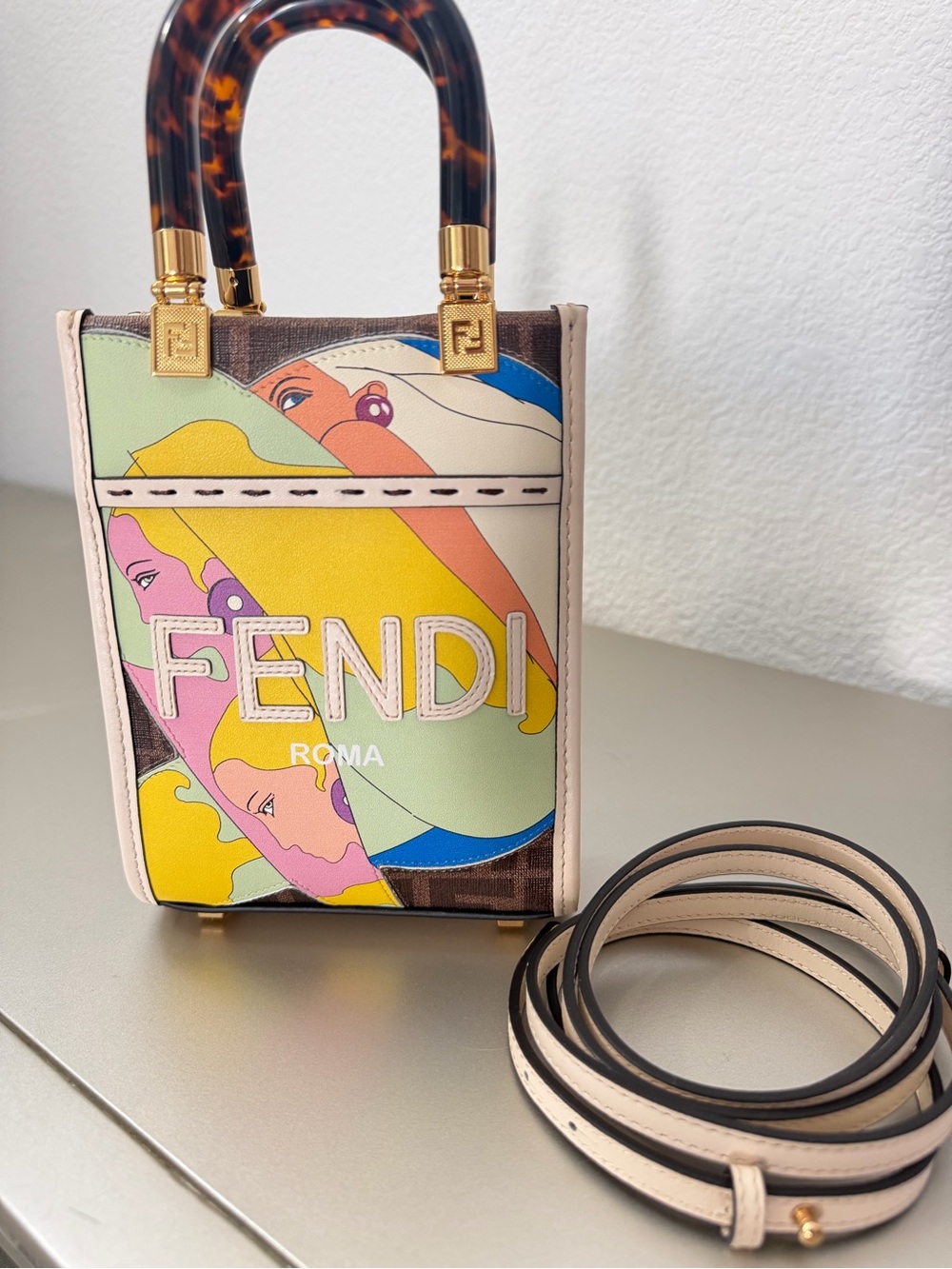 Multicolor Mini Tote Bag with Tortoiseshell Handles